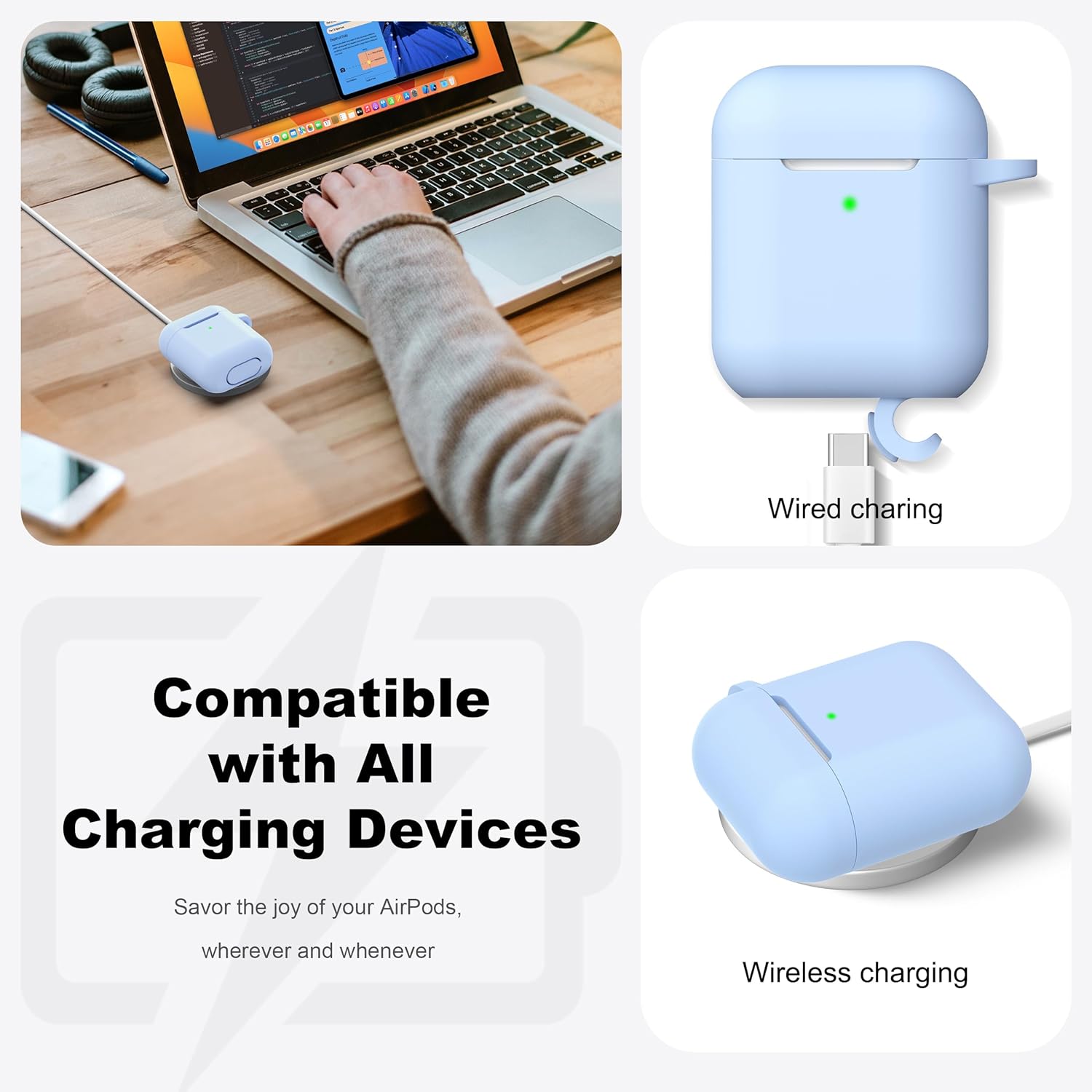 Sky Blue AirPods Case with Keychain - R-fun Soft Silicone Cover for AirPods 1st & 2nd Generation - Image 4