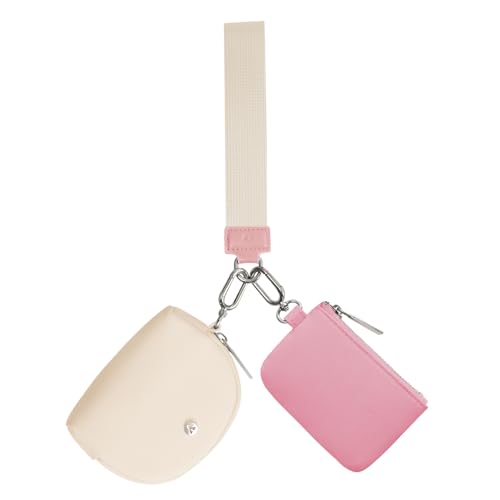 KeyChain Wallet Wristlet Wallets For Women Mini Zip Dual Pouch Wristlet (pink+white) - Image 7