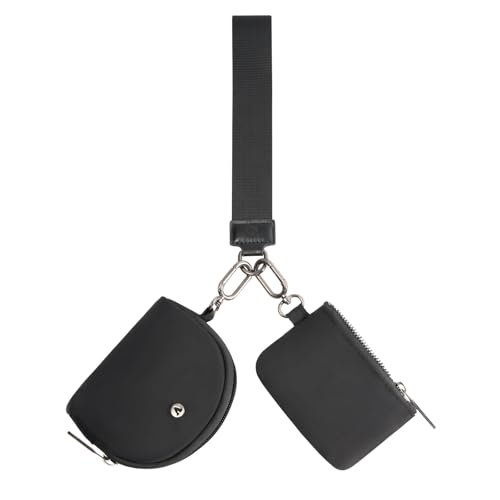 KeyChain Wallet Wristlet Wallets For Women Mini Zip Dual Pouch Wristlet (black+black) - Image 7