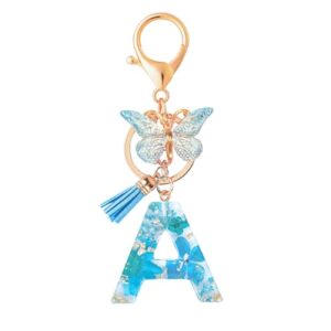 MWOOT Initial Letter A Keychain Resin Alphabet Keyrings,Blue Petals Gold Foil Key…