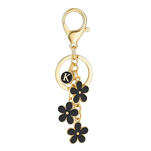 SELOVO Key Chain for Women Black Flower Letter K Initial Keychain