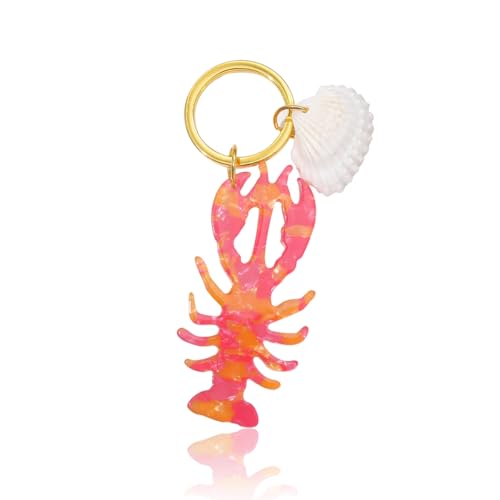 PERSONFUN Coral Pink Lobster Keychain with Shell Charm, Gold Metal Ring, 3.93…