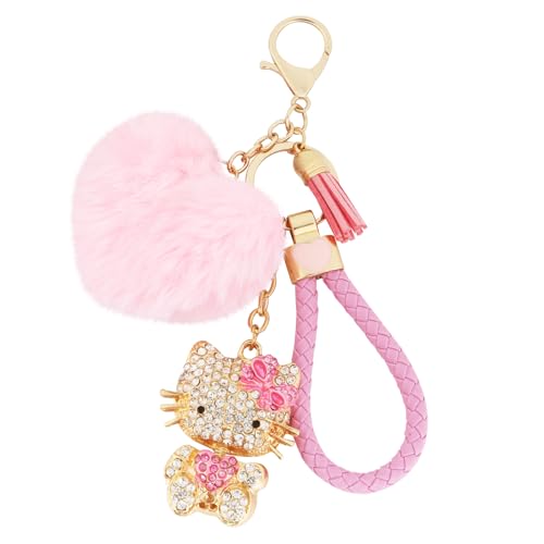Cute Bling Rhinestone Keychain Gift with Poom Poom Plush Ball Tassel Ornament…