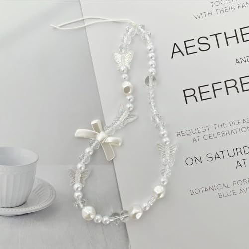 Juroicessry White Mobile Phone Lanyard Universal Phone Chain Black Bow White Pearl… - Image 2