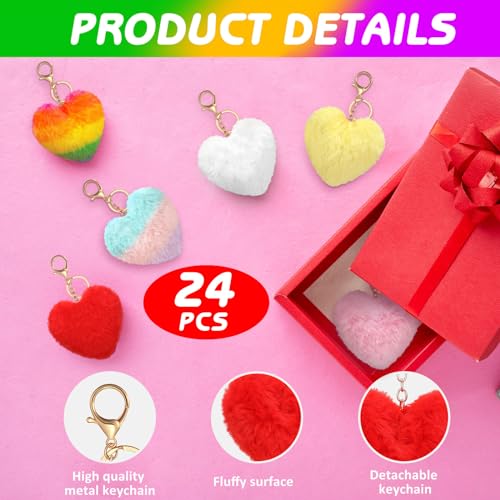 Equsion 24 Pcs Heart Pom Keychain Bulk Colored Faux Fur Pom Gift… - Image 3