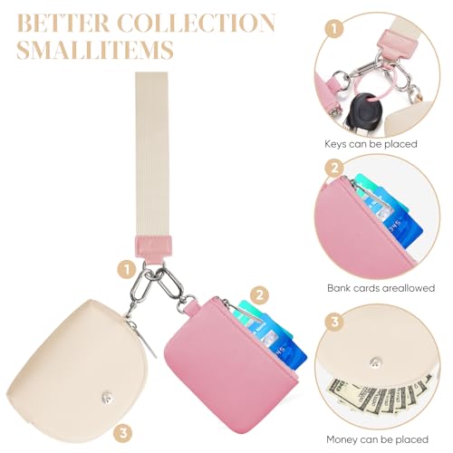 KeyChain Wallet Wristlet Wallets For Women Mini Zip Dual Pouch Wristlet (pink+white) - Image 5