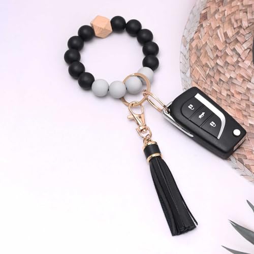 BAOSIWA Women Silicone Keychain Bracelet Beaded Wristlet Key Ring Black Bangle Chains… - Image 3