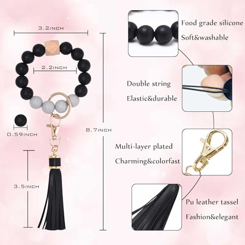 BAOSIWA Women Silicone Keychain Bracelet Beaded Wristlet Key Ring Black Bangle Chains… - Image 2