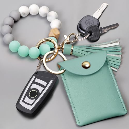 UpUDo Keychain Bracelet Wristlet, Silicone Beaded Key Ring Bracelet with Card Wallet,… - Image 2