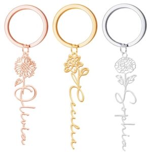 Ajiangwu Custom Birth Flower Keychain with Name,Personalized 18K Gold Plated KeyChains Engraved…