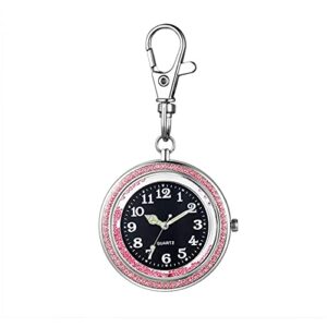 JewelryWe Key Chain Watch Rhinestone Luminous Hands Quartz Pocket Watch FOB Clip