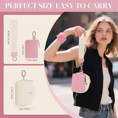 KeyChain Wallet Wristlet Wallets For Women Mini Zip Dual Pouch Wristlet (pink+white) - Image 2