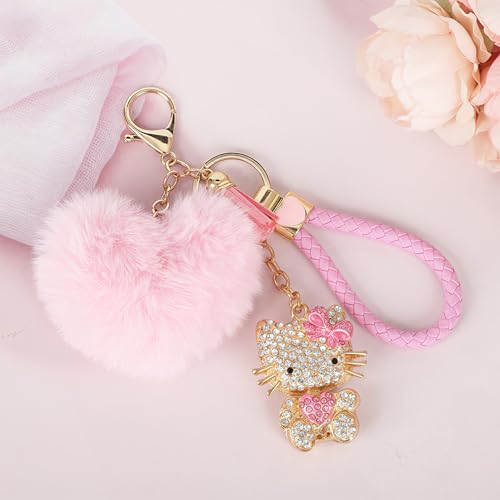 Cute Bling Rhinestone Keychain Gift with Poom Poom Plush Ball Tassel Ornament… - Image 3