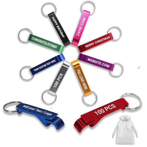 100PCS Personalized Bottle Opener Keychains, Bulk Custom Engraved Text Logo Keychain Can…