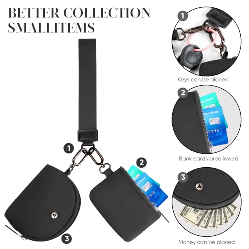 KeyChain Wallet Wristlet Wallets For Women Mini Zip Dual Pouch Wristlet (black+black) - Image 5