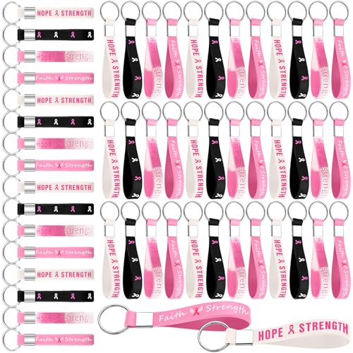 Sureio 100 Pcs Breast Cancer Awareness Silicone Keychain Bulk Pink Ribbon Keychain…
