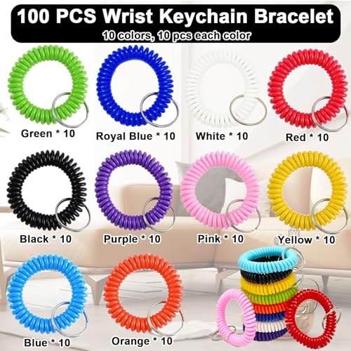 xlehoely 100 PCS Wrist Keychain,Spiral Keychain Bracelet Wrist Coil Key Chains,10 Colors… - Image 3
