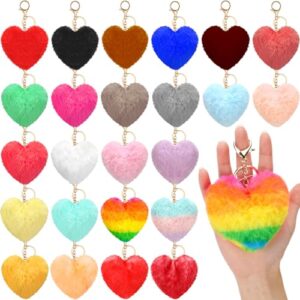 Equsion 24 Pcs Heart Pom Keychain Bulk Colored Faux Fur Pom Gift…