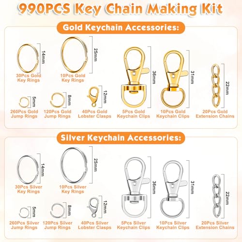 PAXCOO 990PCS Keychain Making Kit, Keychain Craft Supplies Including Key Chain Hooks,… - Image 3