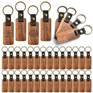 Supkiir 50Pcs Leather Keychain Blanks, Wooden Keychain with Leather Strap, Unfinished Wood…