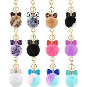 Hicarer 12 Pieces Fluffy Pom Pom Keychain Bulk Bow Rhinestone Faux Pompoms…