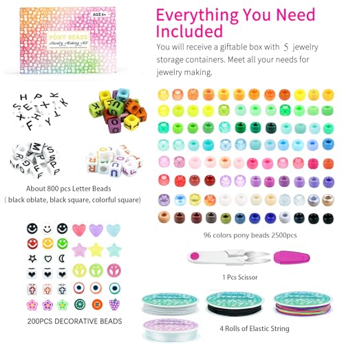 5 Boxes Bracelet Making Kit Pony Beads, 96 Colors 6x9mm 3500Pcs Kandi… - Image 4