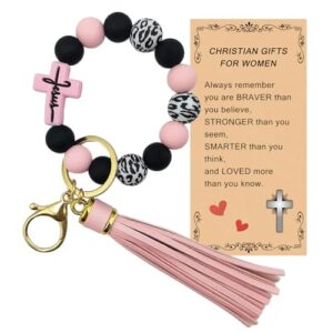 SHINYHARBOR Christian Cross Keychain Wristlet Wrist Keychains Bracelet Silicone Beaded Jesus Key…