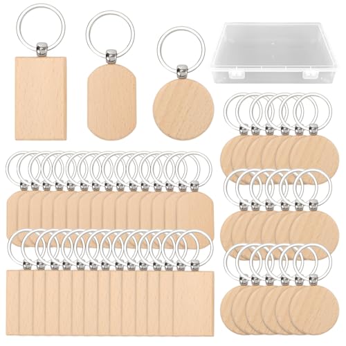 TAICHEUT 60 Pieces Wooden Keychain Blanks with Storage Box, Laser Engraving Unfinished…