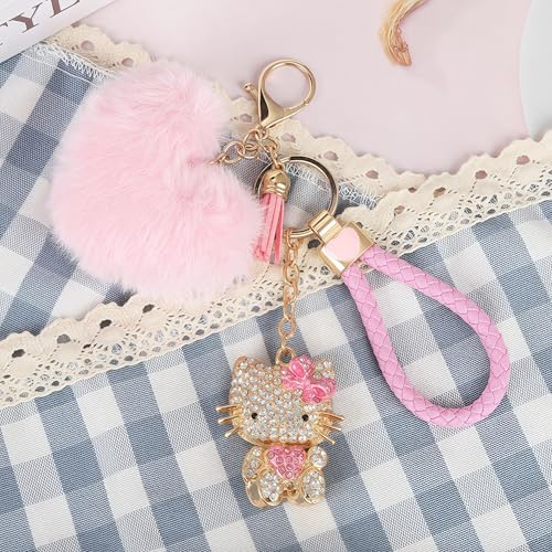 Cute Bling Rhinestone Keychain Gift with Poom Poom Plush Ball Tassel Ornament… - Image 4